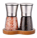 Professional Chef Pepper Mill Shaker Refillable Short Manual Glass Stainless Steel Salt and Pepper Grinder Set with Wooden Tray