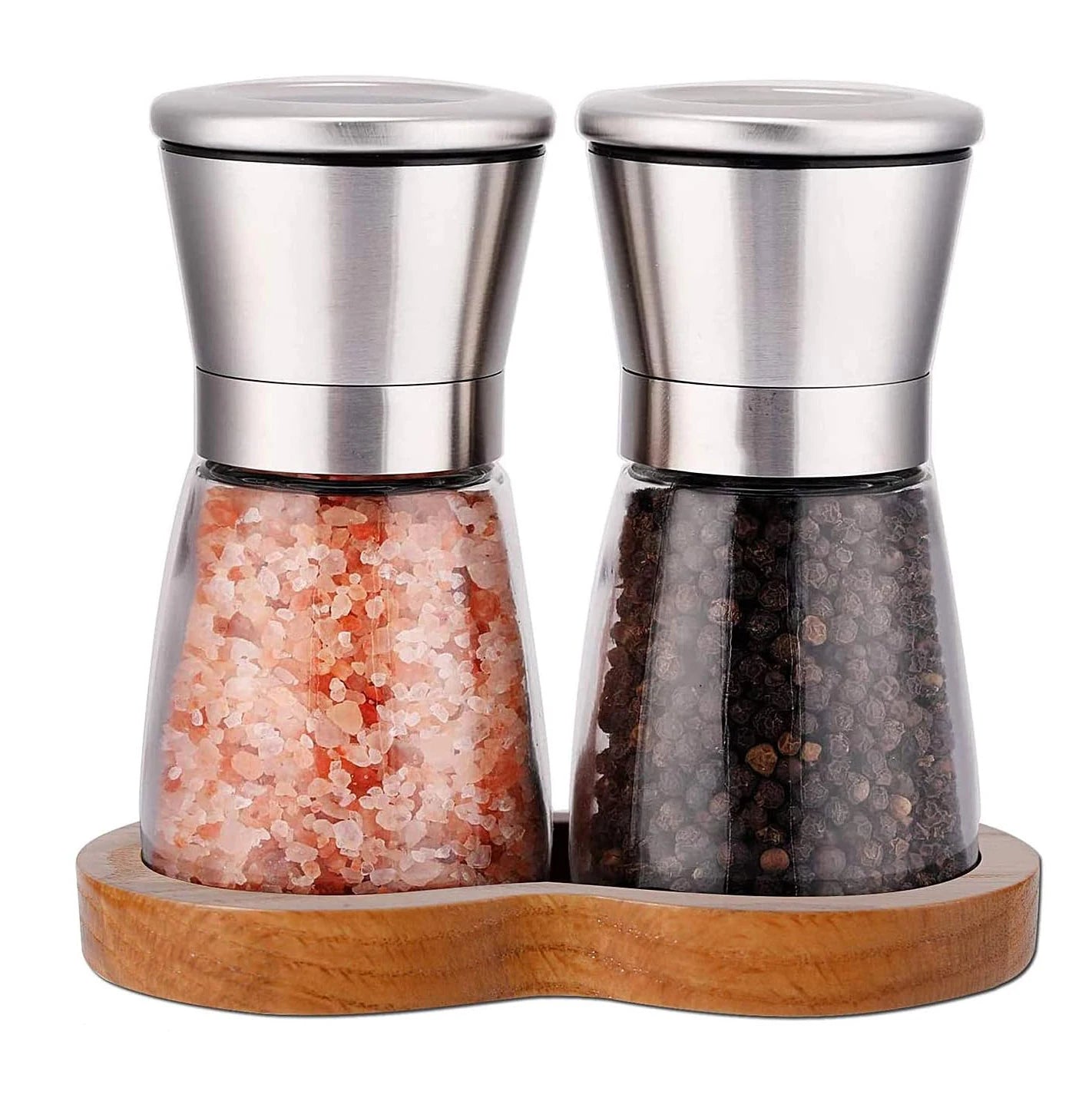 Professional Chef Pepper Mill Shaker Refillable Short Manual Glass Stainless Steel Salt and Pepper Grinder Set with Wooden Tray
