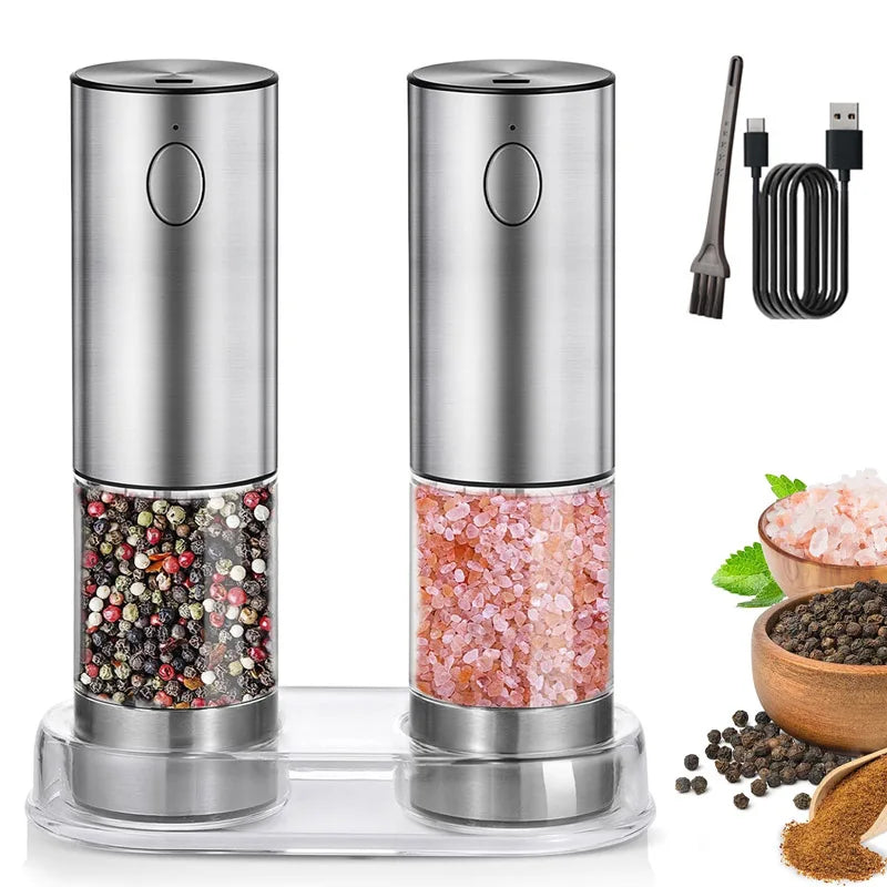 2-Pack Rechargeable USB Electric Salt Pepper Grinder Set Adjustable Coarseness Kitchen Mills Automatic Pepper Mill