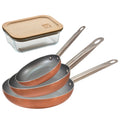 Set of 3 San Ignacio frying pans (18 22 26cm) pressed aluminum suitable for induction + 650ml borosilicate glass airtight