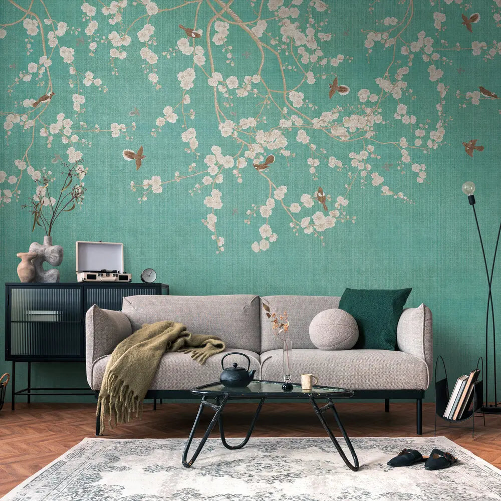 Made Germany Modern Floral Blue Cream Non Woven Vinyl Wall Mural 3.71x2.80m Removable Light Resistant Living Room Bedroom