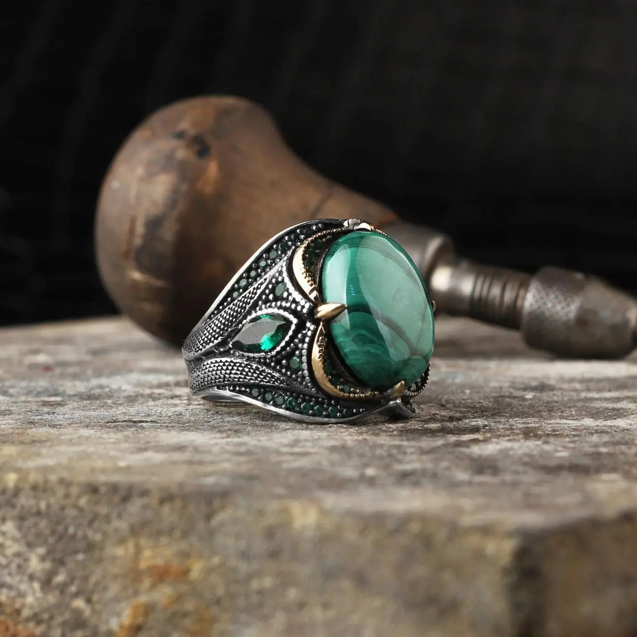 Azuris Men's 925 Sterling Silver Ring Ottoman Style with Natural Stone Direct From Turkey VALKH1907