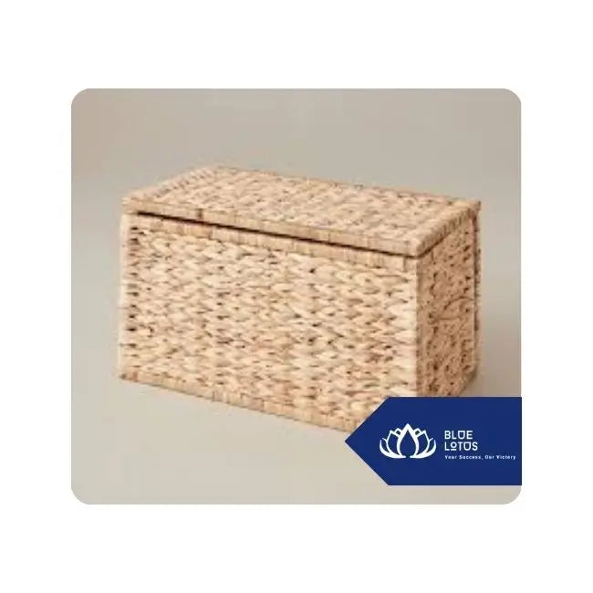Eco-Friendly Handmade Water Hyacinth Organizer Box Lid Cotton Lining Natural Brown Modern Design for Home Storage-Blue Lotus