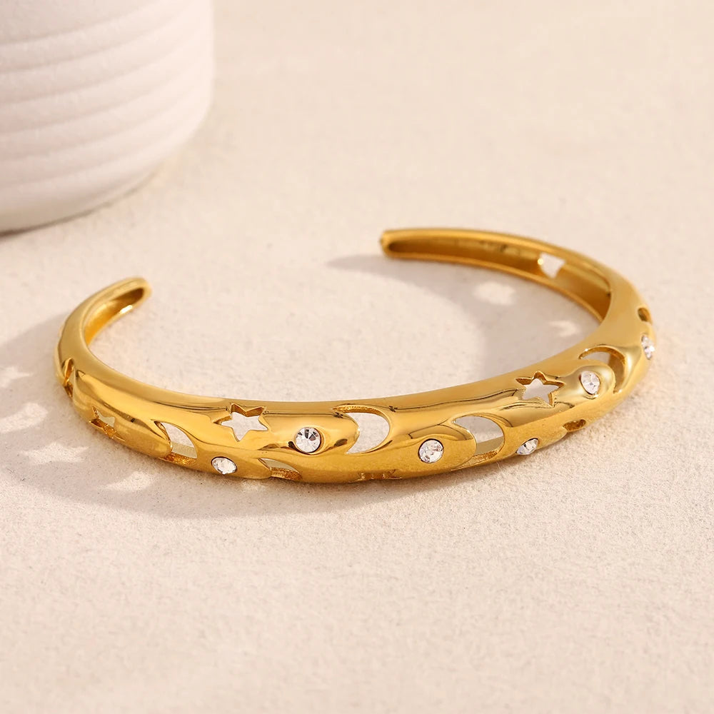 Dreamshow Moon Star Hollow Cuff Bangle 18k Gold Plated Jewelry Shining Zircon Stainless Steel Bangle