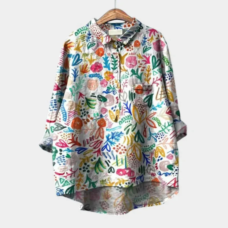 2025 New Summer Women's Stylish Comfortable Casual Loose-Fit Colorful Printed Rolled-Collar Blouse