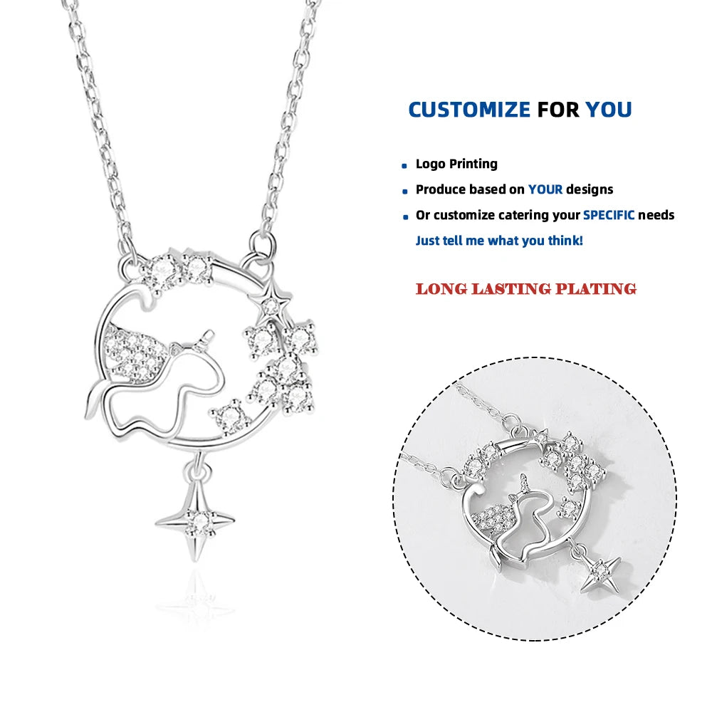 FDXZ-232 Cute Sterling Silver 925 Shiny Flying Unicorn Necklace Women Light Luxury Comfort Star Fairytale Pendant Girls Gift