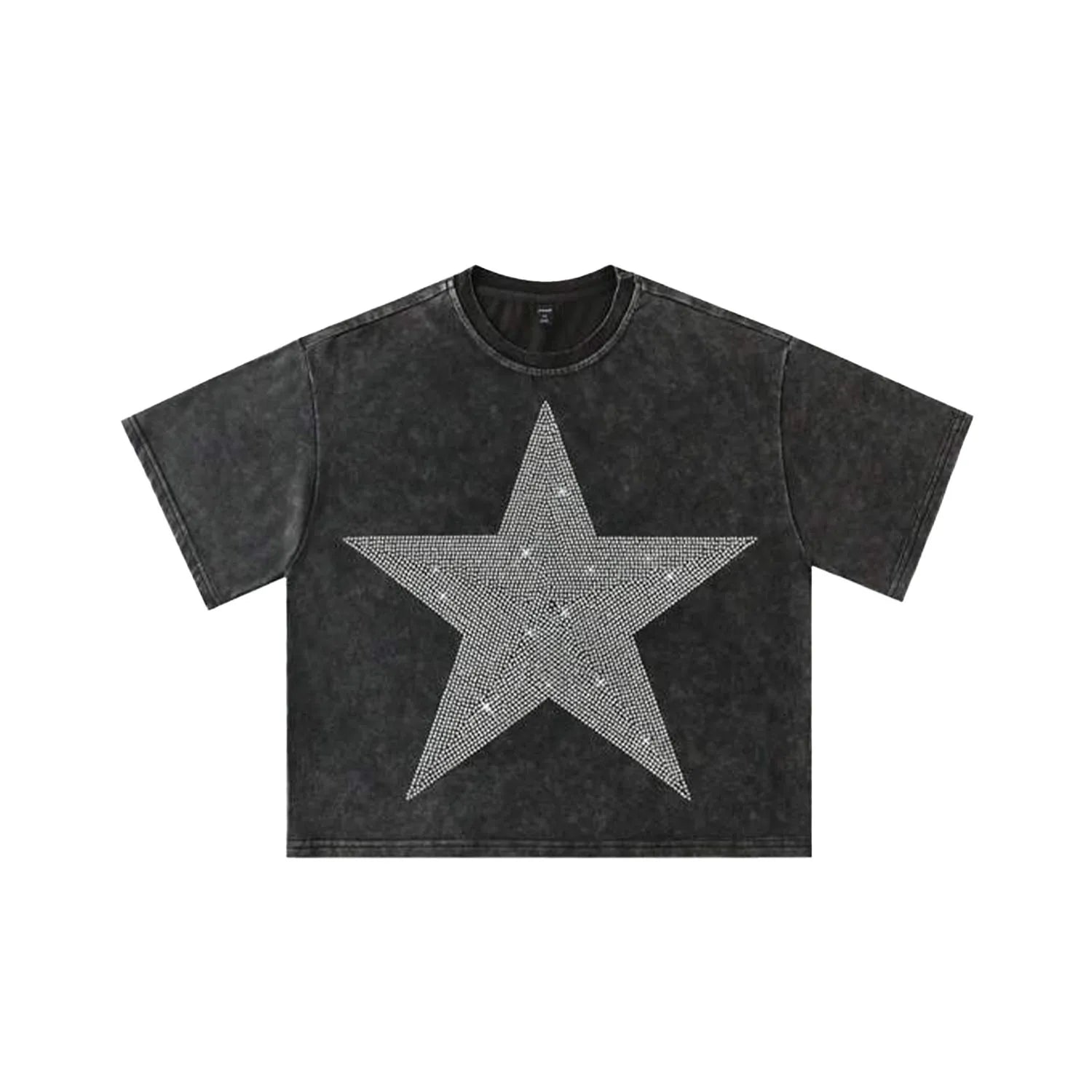 Custom Vintage Black Star Rhinestone Men's T-Shirts Oversized Acid Wash 100% Cotton Hip Hop Streetwear Blank Regular Sleeve