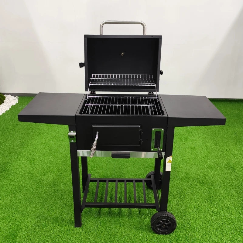 American Modern Steel BBQ Trolley Charcoal Grill with Double Side Tables 0.7mm Thick for Outdoor Use in Garden & Courtyard