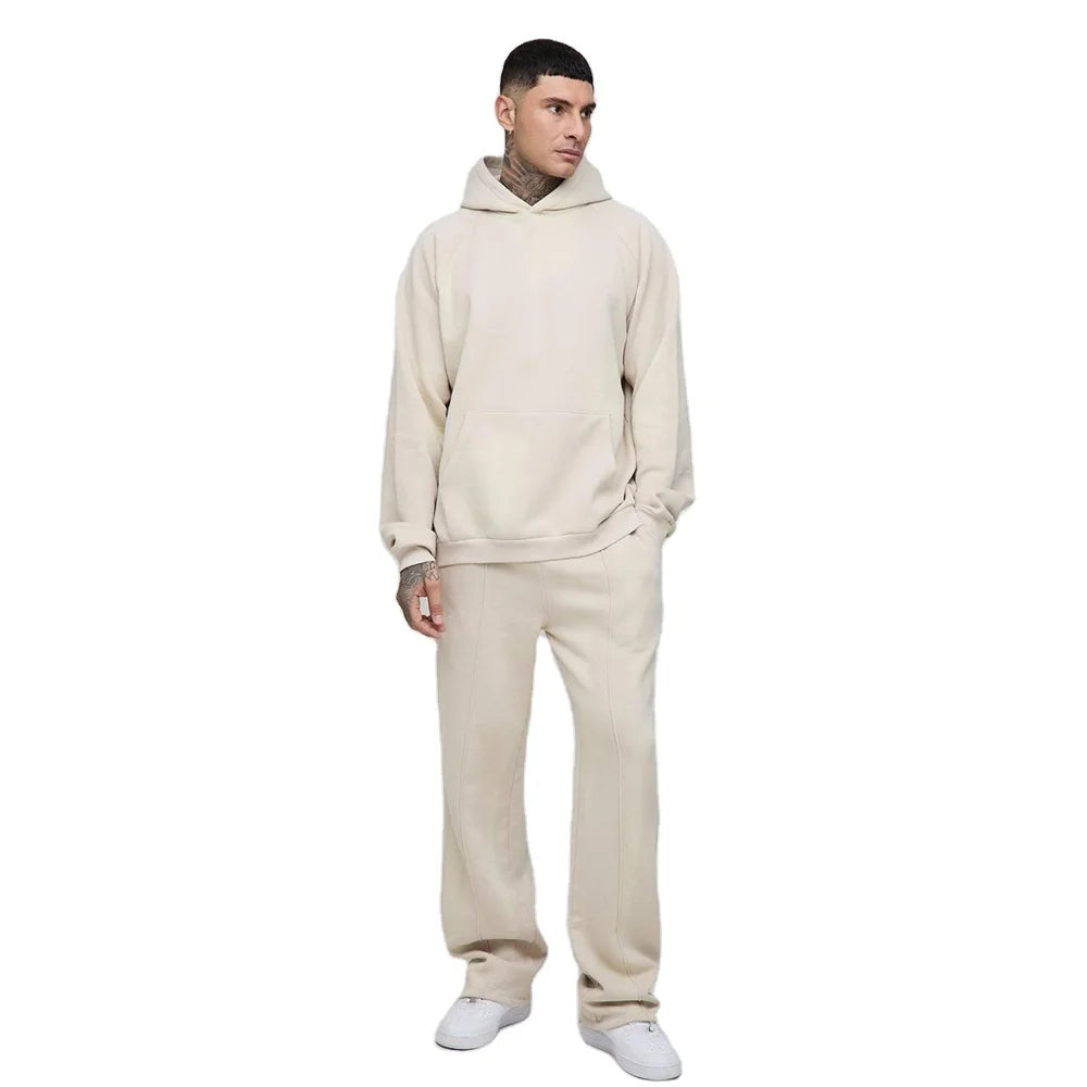 Beige Printed Winter Fleece Hoodie & Wide Leg Trousers Cozy Fabric Men's Apparel Matching Urbanwear Athletic Jogger Set