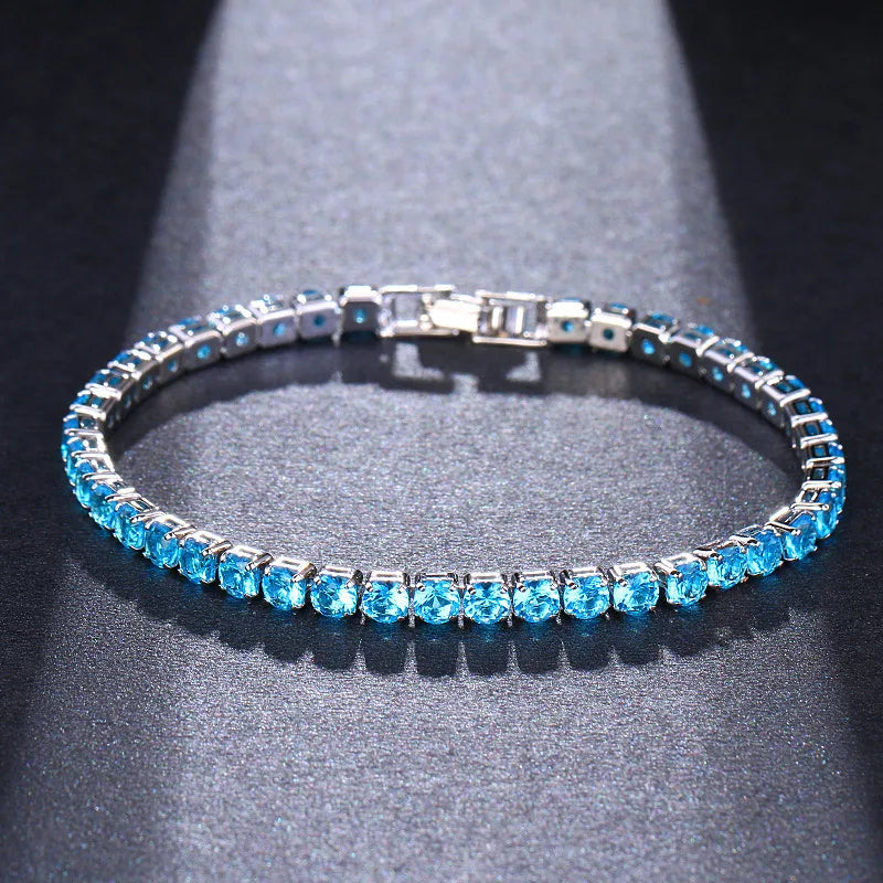 Wholesale Rhodium Plated Flower Shape Cubic Zirconia Women Wedding Bridal Rhinestone Chain Blue CZ Tennis Bracelet Silver