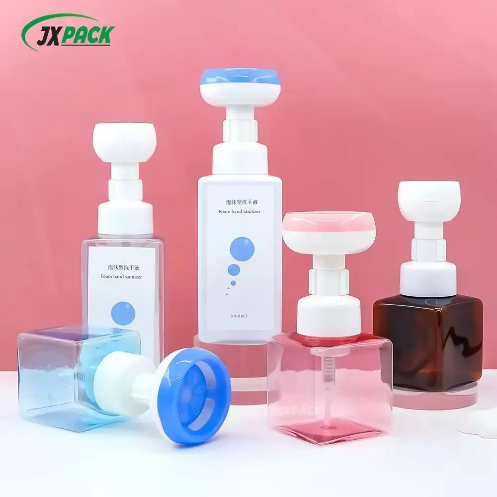 200ml 250ml Plastic Foam Pump Bottles Square Shape Liquid Soap Containers Amber White Color Flower Design for Shampoo Blush