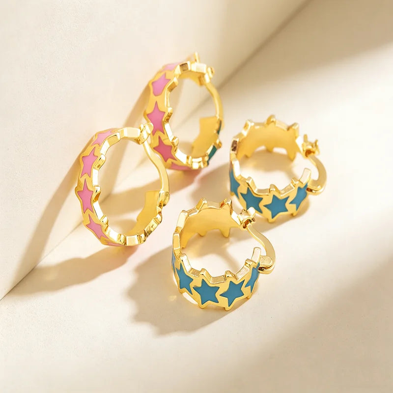 QIKU Fashion Colorful Star Hoop Earrings Copper Gold Plated Enamel Color Earrings Jewelry Women Girl Gift Wholesale Customized