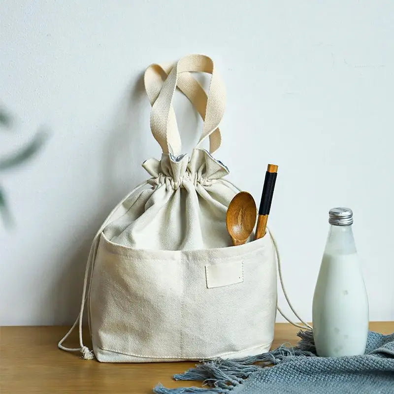 Large Canvas Drawstring Insulated Lunch Cooler Tote Bags with Water Resistant for Work School Travel and Picnic