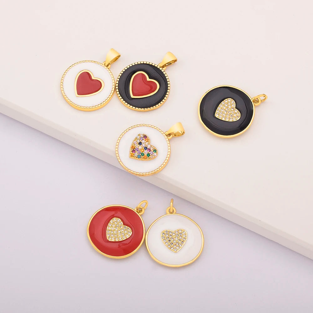 Wholesale Unique Enamel Heart Round Jewelry Charms 18K Gold Plated Zircon for Necklace Craft Making Bulk