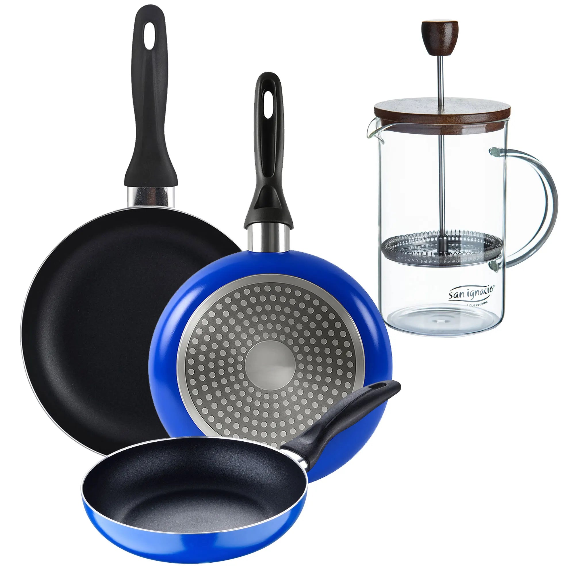 Set of 3 San Ignacio frying pans (16+20+24cm) pressed aluminum industrial blue + Borosilicate glass plunger coffee maker