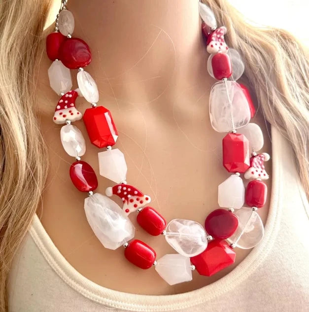 Christmas Necklace Red & White Holiday Jewelry Red Santa Hat Jewelry December Gift Present Beaded Statement