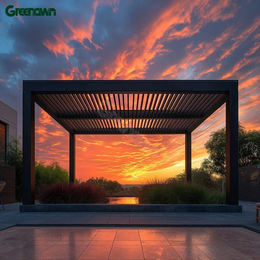 GREENAWN Black Motorized Louver Waterproof Pergola Roof System for Garages Canopies Carports With Flexible Louver