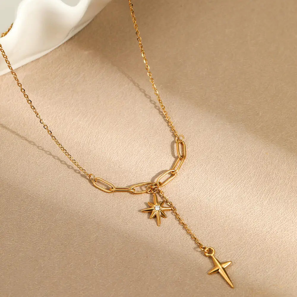 Waterproof Gold Plated Stainless Steel Jesus Cross Dangle Necklace for Women Star Charm Sweater Chain Fashion Jewelry