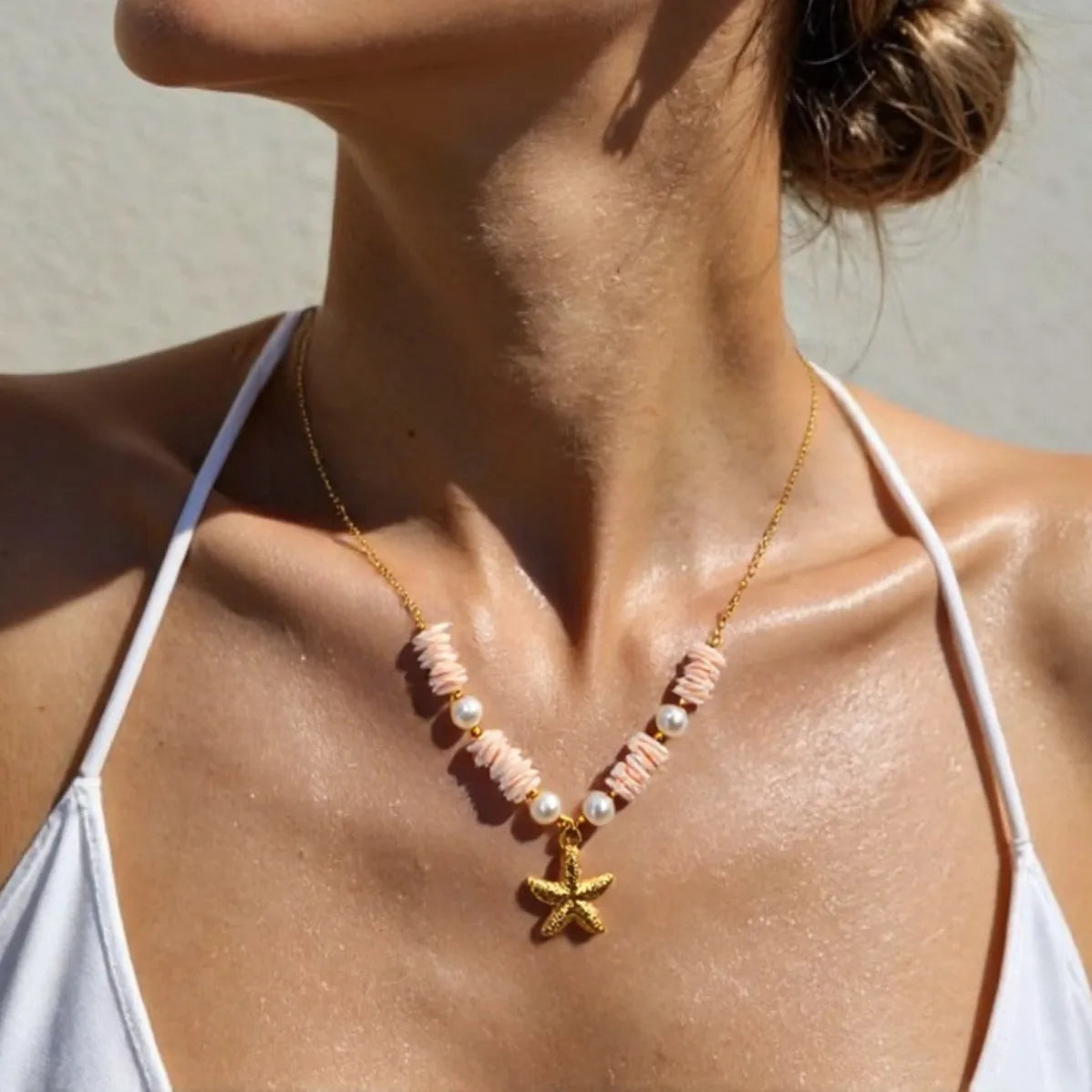 Wholesale Chain Necklace Natural Stone Pearl Starfish Sun Pendant Chain 18k Gold Stainless Steel Charm Necklace for Woman