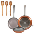 Set of 3 San Ignacio frying pans (18 22 26cm) pressed aluminum suitable for induction + Set of 3 acacia kitchen utensils