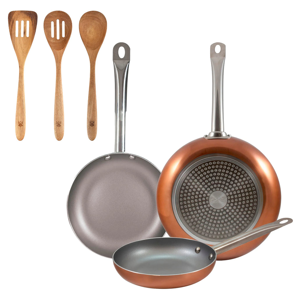 Set of 3 San Ignacio frying pans (18 22 26cm) pressed aluminum suitable for induction + Set of 3 acacia kitchen utensils
