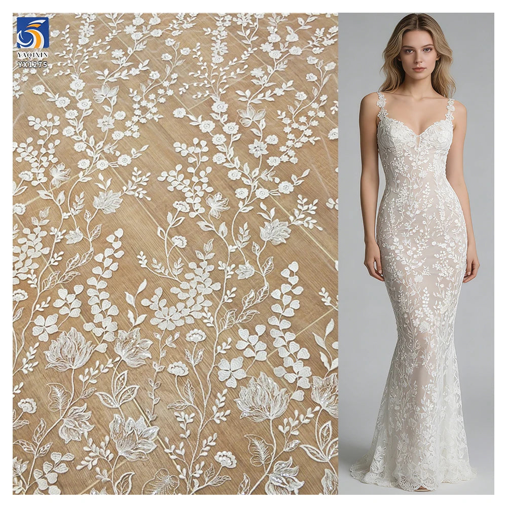 YX1275 130gsm Luxury Florals Embroidered White Wedding Tulle Lace Fabric Water-Soluble Embroidery French Dress Fabric MegaBDM