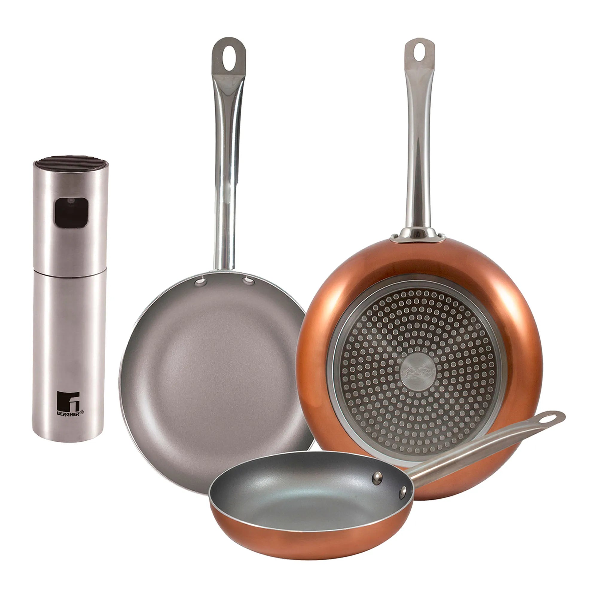 Set of 3 San Ignacio frying pans (18 22 26cm) made of pressed aluminum suitable for induction hobs + Oil and vinegar sprayer