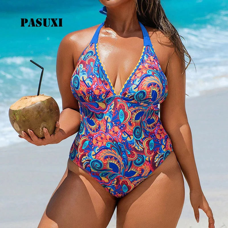 PASUXI Printed Plus Size Shapers One Piece Swimsuit for Curvy Women Conservative High Coverage Beach Bathing Suit