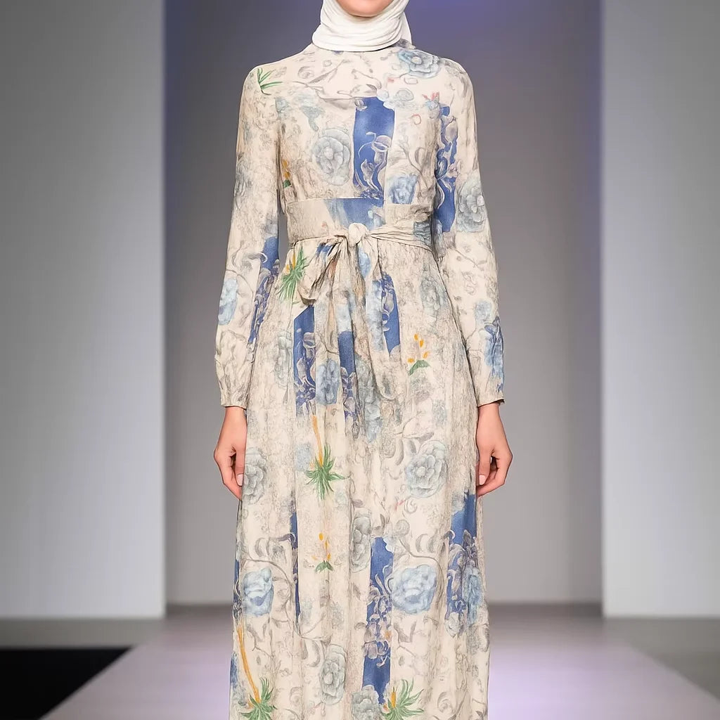 YXD163 Blue Flower Pattern Dignified Grand Elegant Upscale 2026 Eid Tiktok Ig Modest Factory Price Wholesale