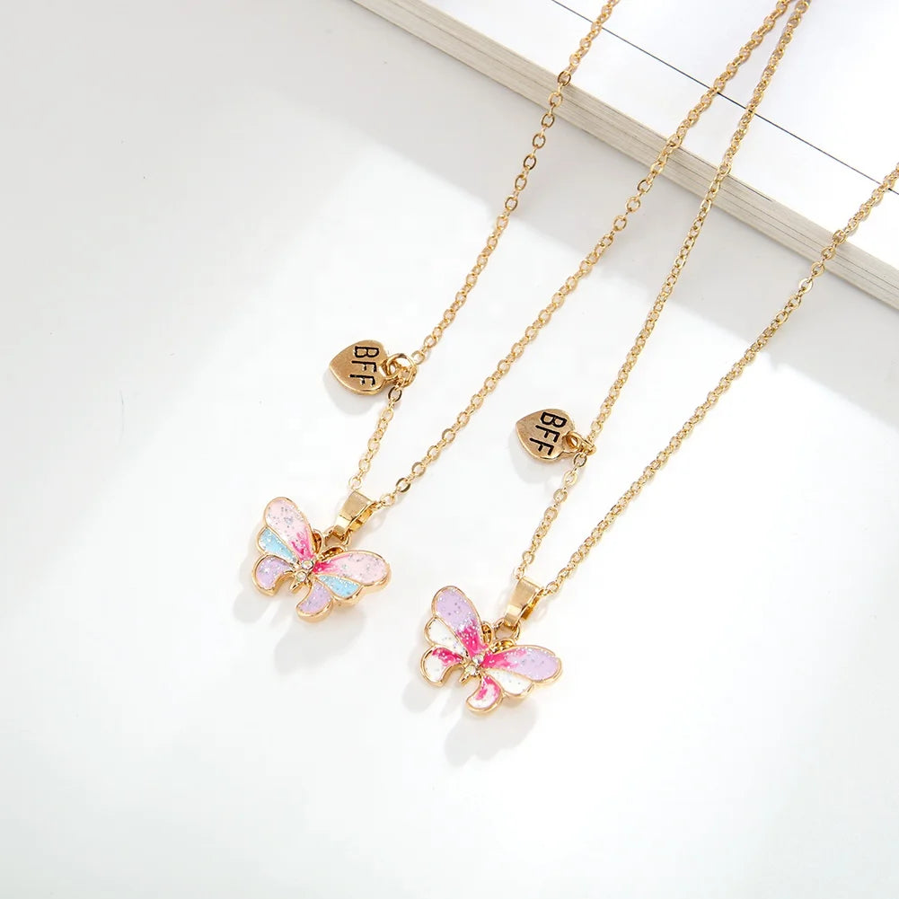 Best Friend Trendy Zinc Alloy Enamel Gold Plated Butterfly Necklace Children's Wedding and Party Jewelry Gift Set