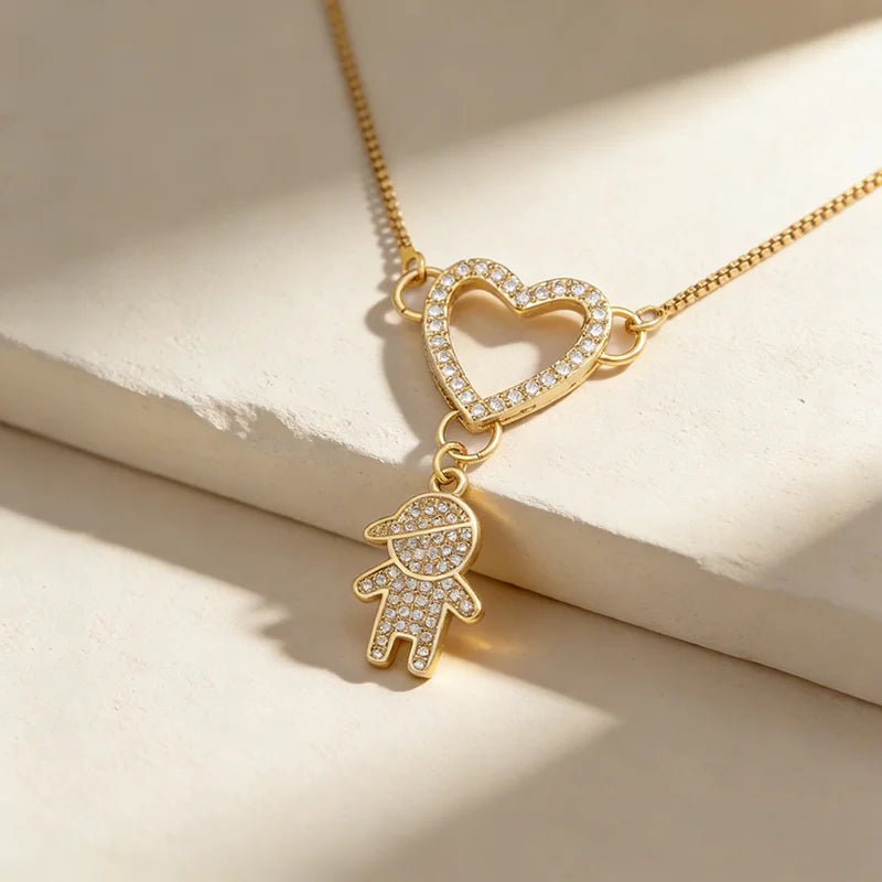 QIKU High Quality Cute Love Boy and Girl Pendant Gold Color Necklace Copper Zircon Crystal Charm Couple Jewelry Wholesale Price