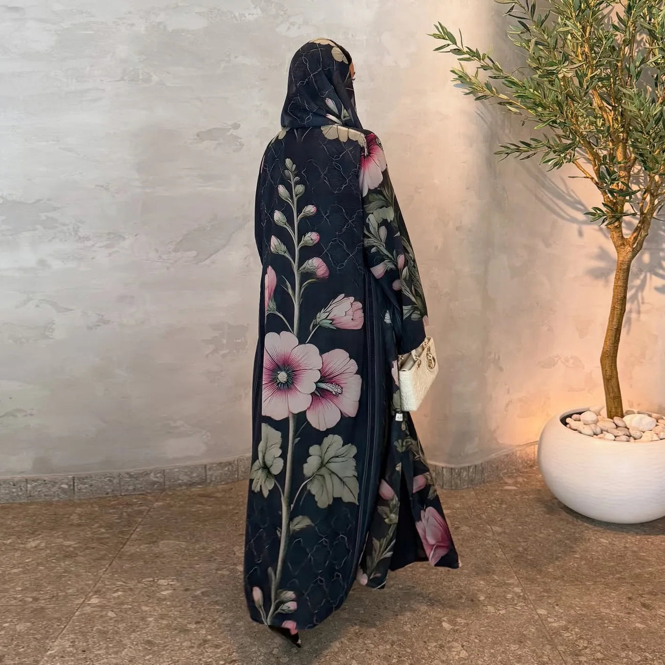 Open Abaya for Women Floral Printed Dubai Robe with Headscarf Modest Style Plus Size for Summer Eid Islamic Clothing