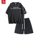 SK 2025 Two Piece Set Solid Vintage Washed 100% Cotton Short Sleeve T-Shirts Oversized High Street Tracksuit Blank Design