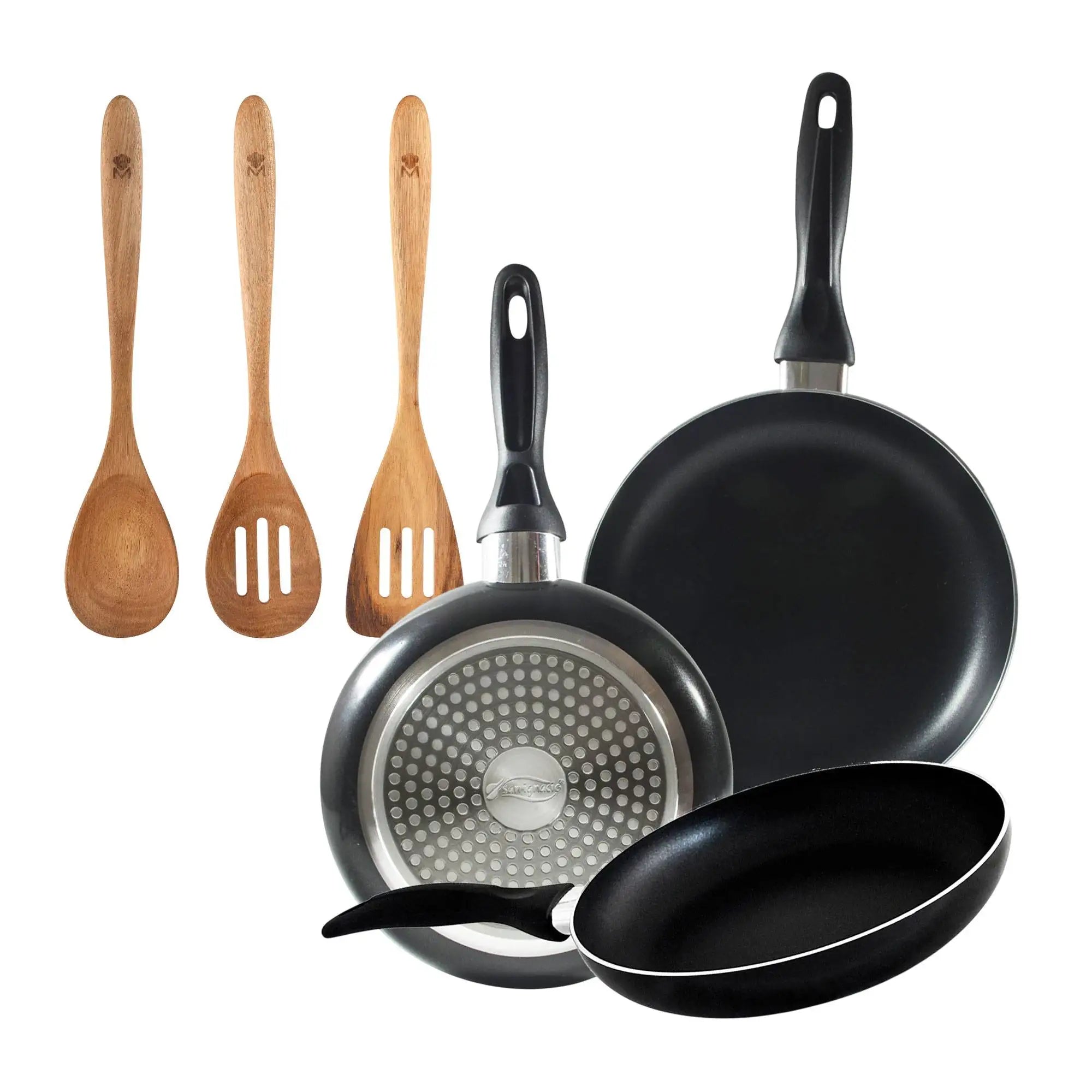 San Ignacio 3-piece frying pan set (16 20 24cm) pressed aluminum suitable for induction + Acacia 3-piece kitchen utensil set