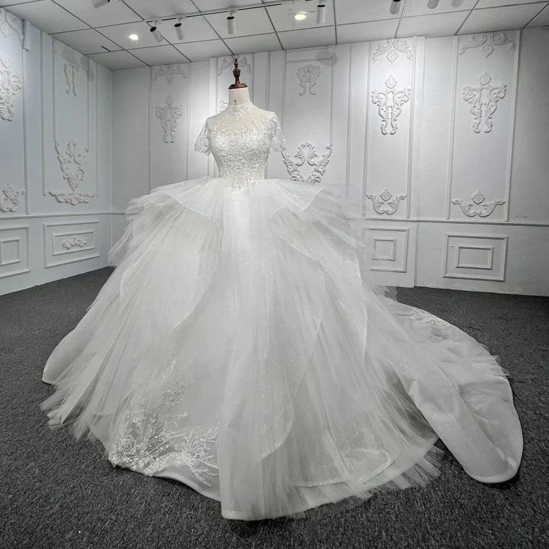 Jancember 9923 White High Neck Short Sleeve Bridal Ball Gown Wedding Dress