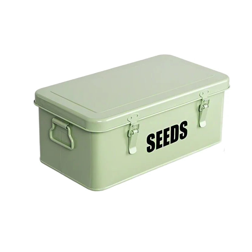 Green Rectangle Metal Food Container Safety Lock 4-Compartment Garden Organizer Seed Packet Envelope Storage Box Sustainable