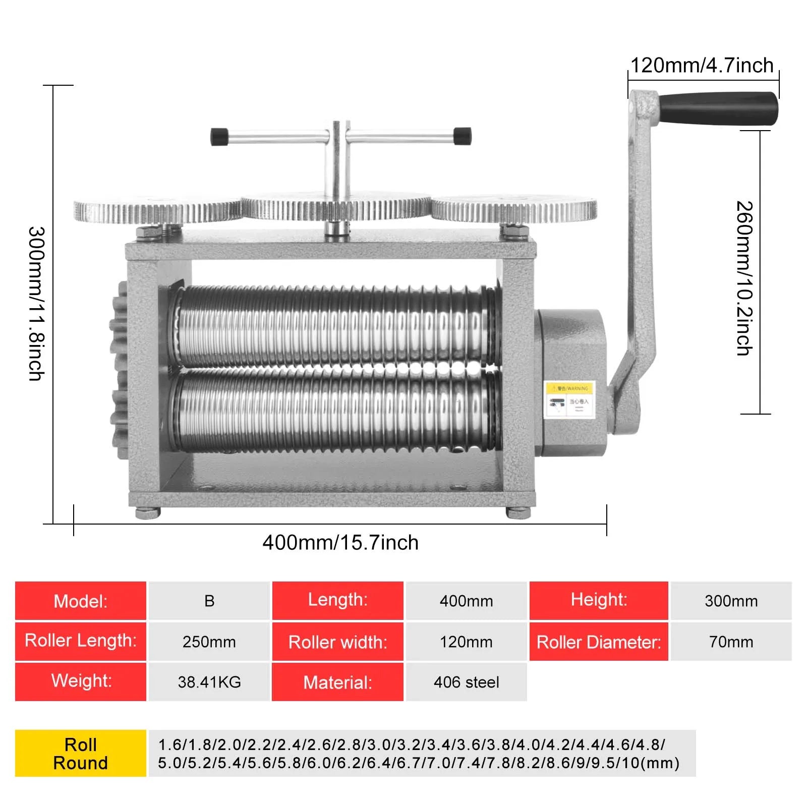 Boasta Upgraded Manual Jewelry Rolling Mill 250mm Roller Length 120mm Wide 406 Steel 1.6-10mm Round Wire Grooves Heavy Duty