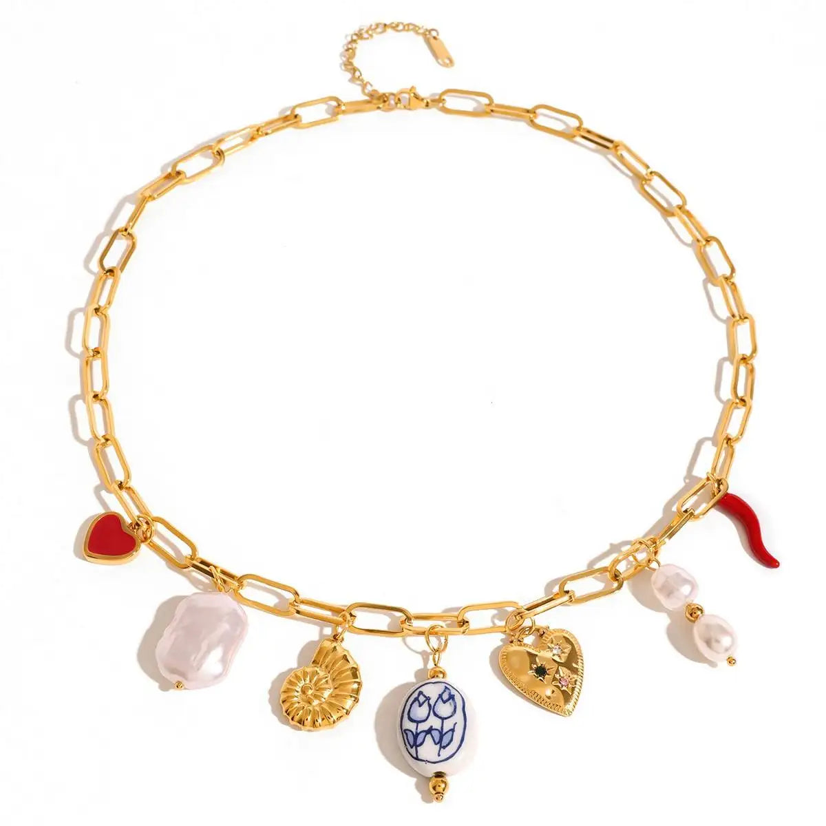 Fashion Tassel Cute Ceramic Heart Charm Necklace Boho Stainless Steel 18k Gold Plated Irregular Pearl Necklace