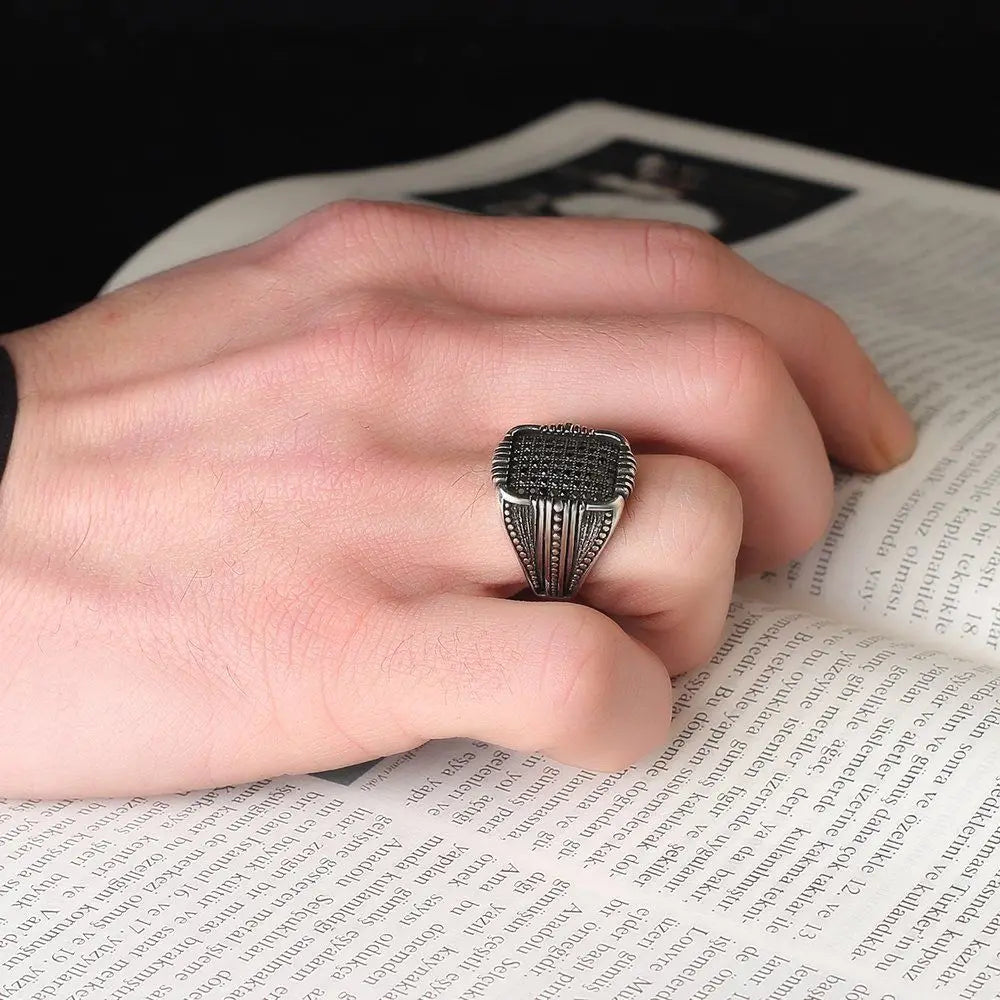 Azuris Turkish 925 Sterling Silver Men's Ring Ottoman Style Fashion Jewelry From Turkey with Natural Agate Stone