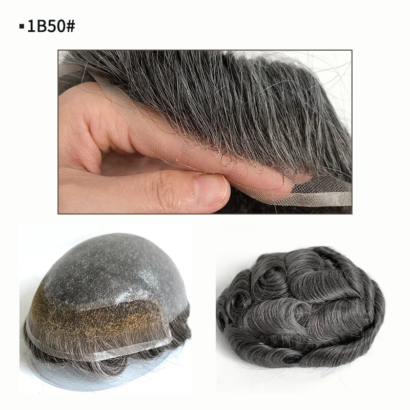 Swiss Lace Front Thin PU Skin Base Revert Knots Human Hair BIO Style Men Hair System Toupee MegaBDM