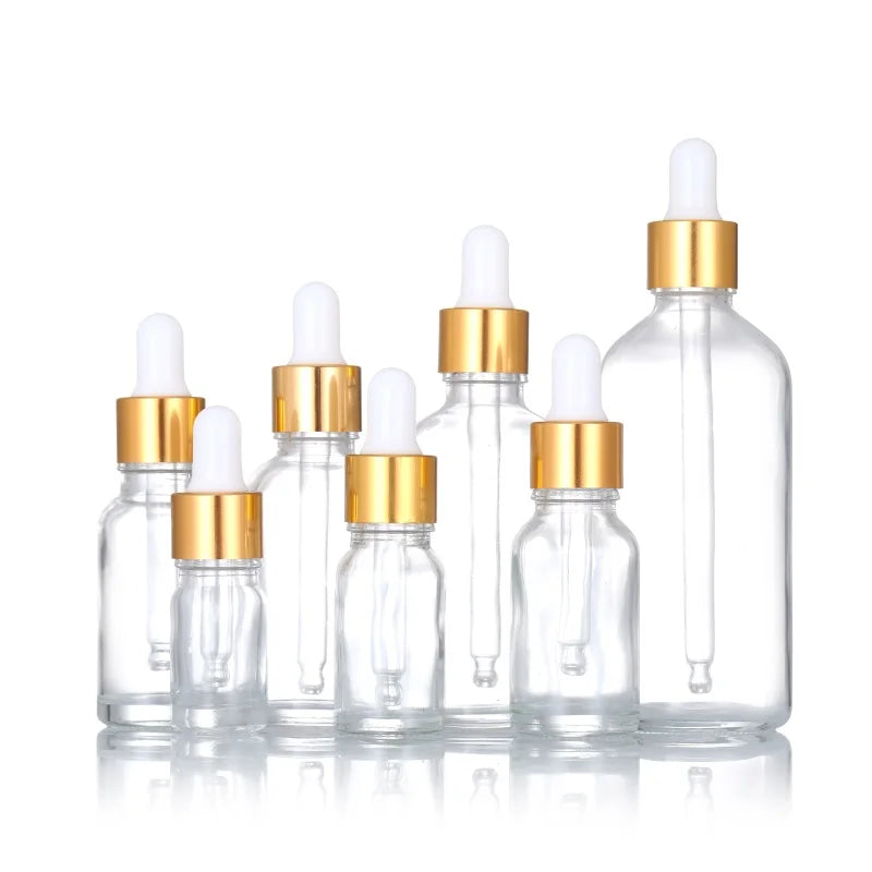 Recyclable 50ml Clear Glass Dropper Bottles for Cosmetic Package Face Eye Hair Essential Oil Perfume with Gold Ring