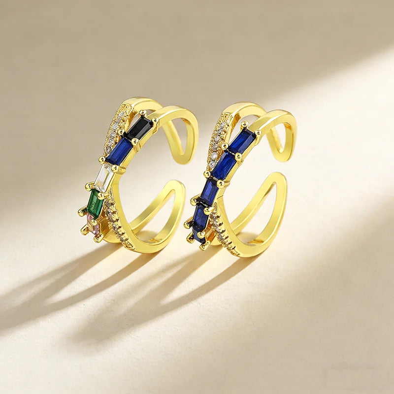 QIKU Charm X Shape Rainbow Rectangle Rhinestone Opening Adjustable Rings Copper Zircon Wedding Jewelry Girl Women Gift Wholesale