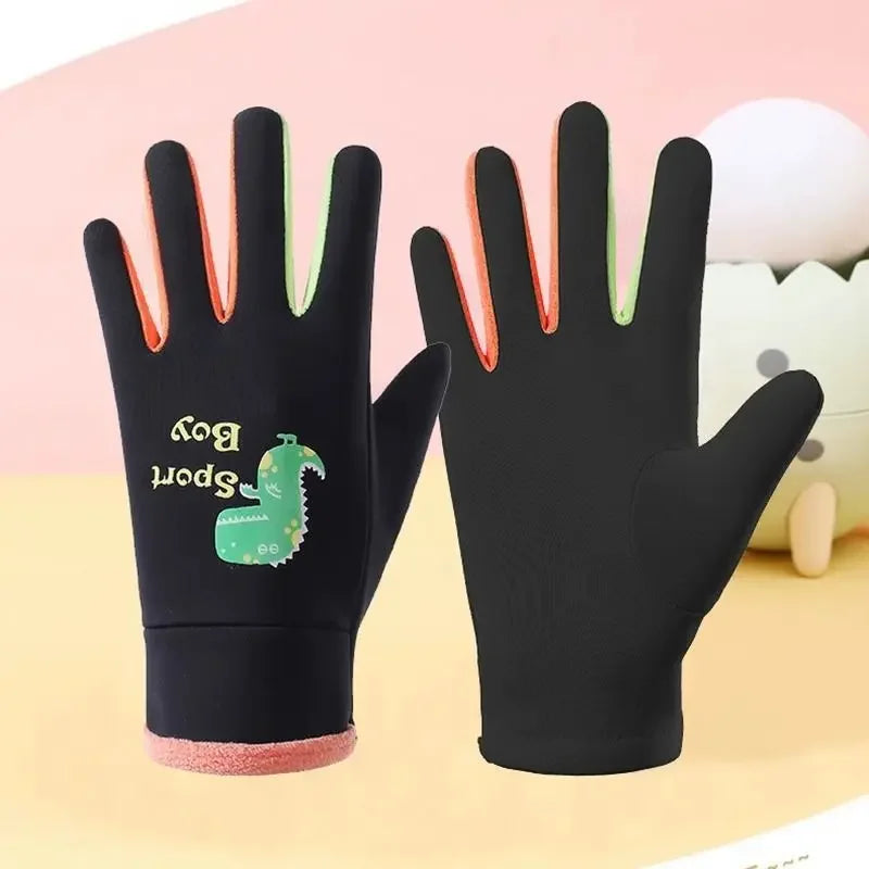 Cute Cartoon Kids Gloves -Five-Finger Soft Velvet Lining Winter Warm Windproof Outdoor & Snow Riding