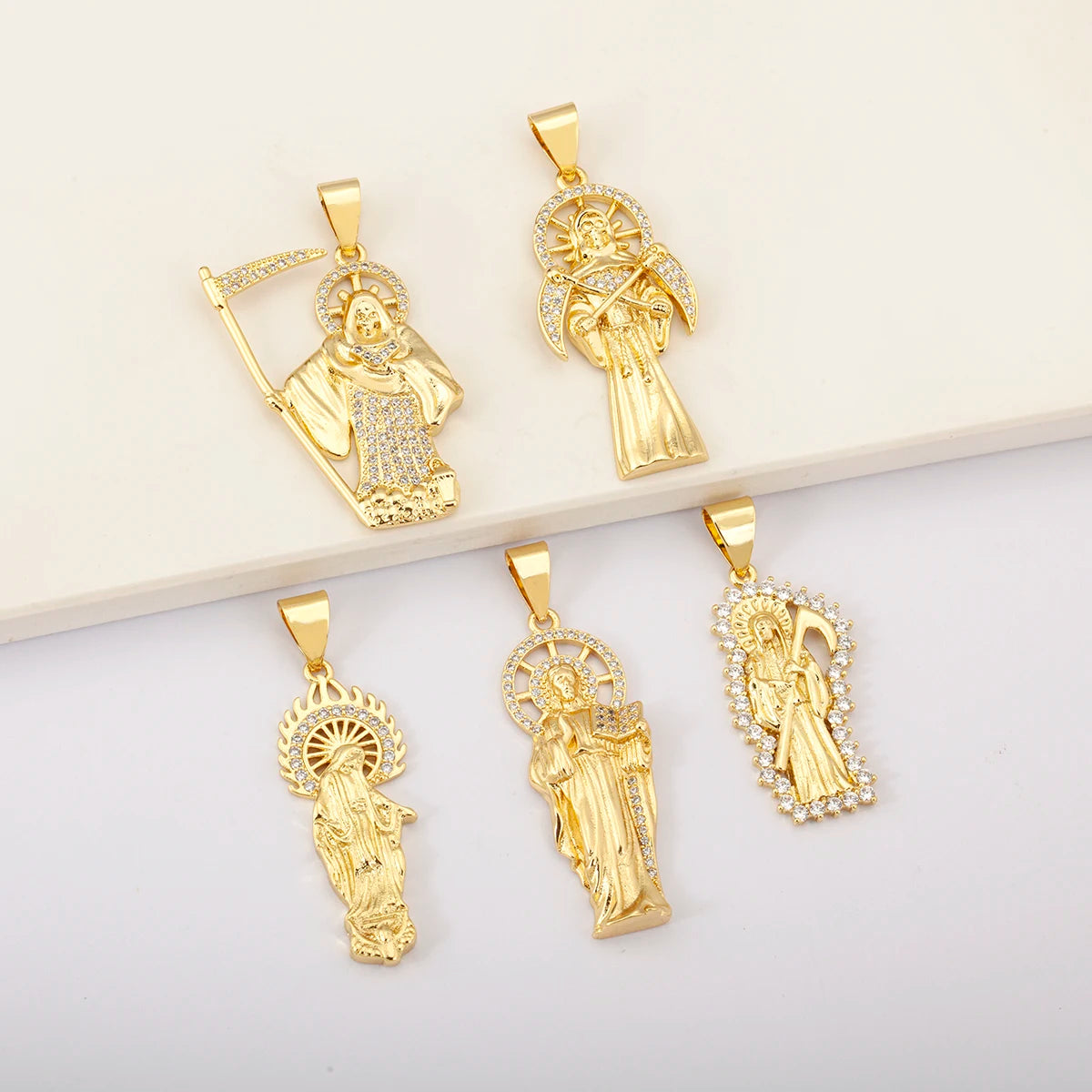 QIKU Wholesale Gold Plated Our Lady of Guadalupe & Santa Muerte & Jesus Pave Zircon Religious Charms for Jewelry Making