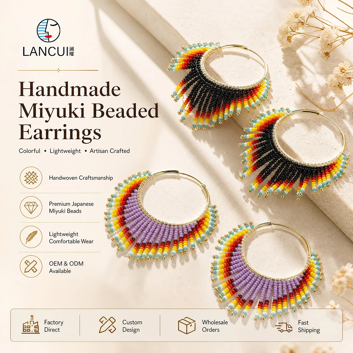 Custom Luxury Big Gold Plated Bohemian Tassel Fashion Miyuki Bead Hoop Earrings for Women Jewelry
