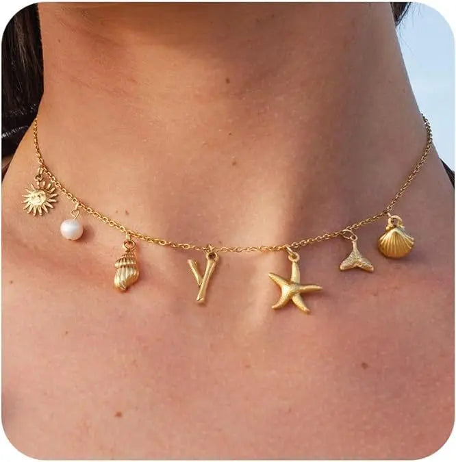 Boho Summer Beach Seashell Necklace Gold Plated Starfish Surfer Necklace Seaside Initial Shell Letter Necklace to My Daughter