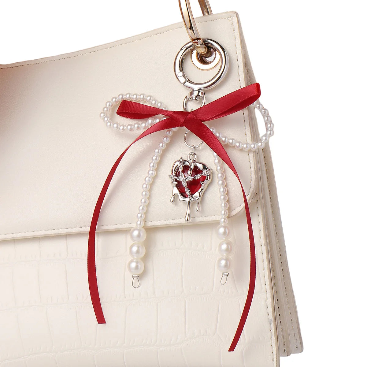 Cross Border Popular Wine Red Ribbon Imitations Pearl Bow Cherry Keychains Sieve sealed Heart Fashionable Bag Pendant Keychain