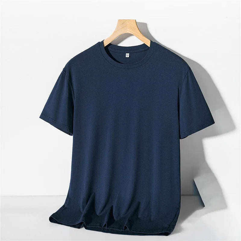 Oem customized ice silk short sleeved tshirt summer cool silky men's mulberry silk cloth loose thin half sleeved men's tshirt