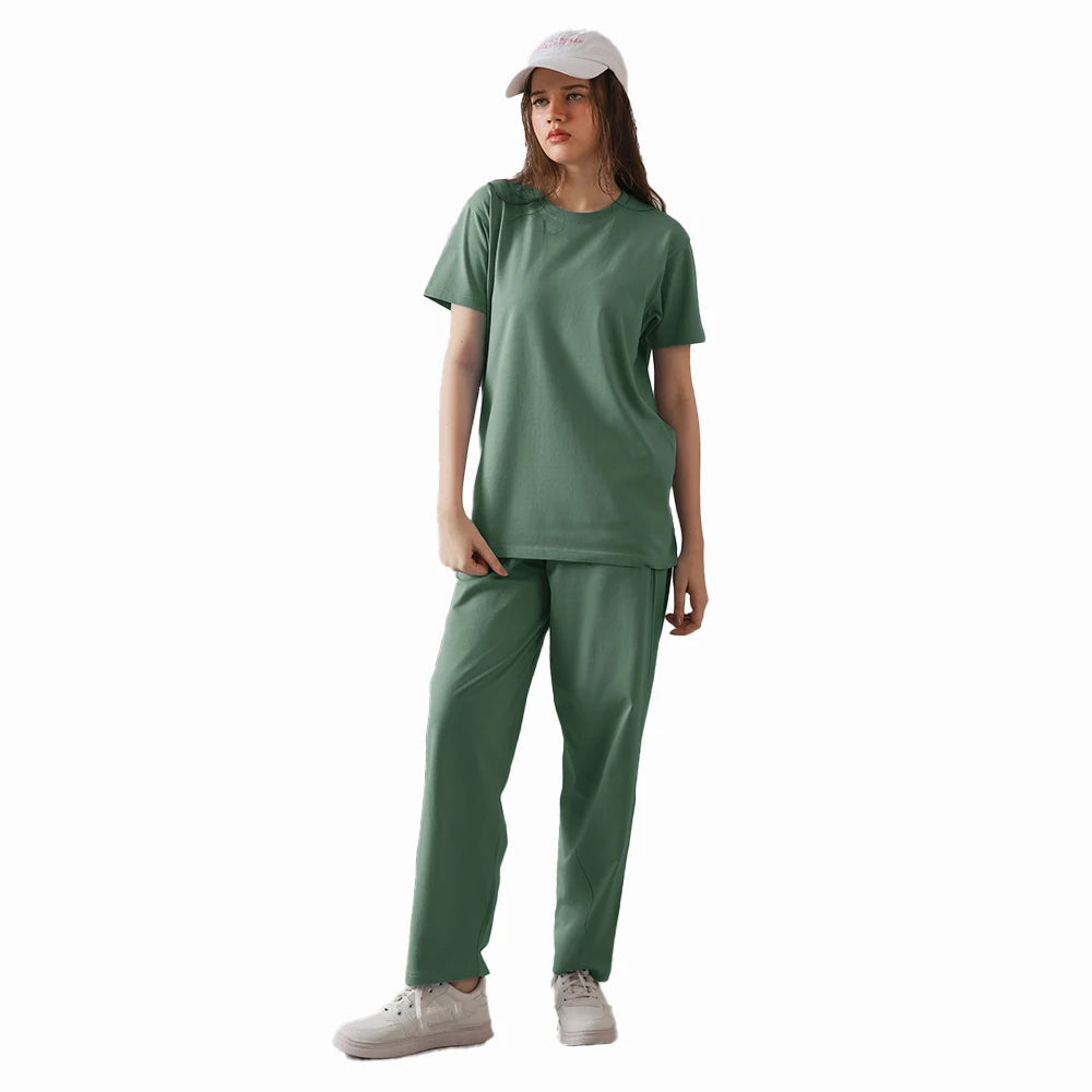 Plain Green T Shirt and Pants 2Pcs Set Women's Casual Streetwear Outfit Solid Color Minimalist wear Clothing with Pockets