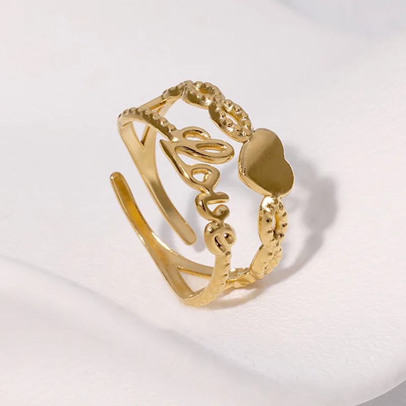Beimai OEM Classic Love Heart-shaped Waterproof Stainless Steel 18K Gold Plated/Silver Plated Open Adjustable Ring